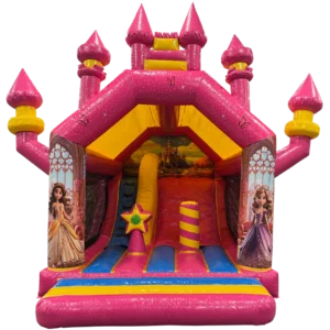 Roze kasteel met binnen glijbaan